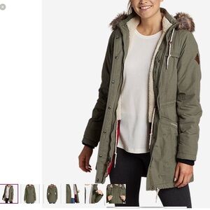 Eddie Bauer Khaki Utility Jacket with Faux Fur Trim